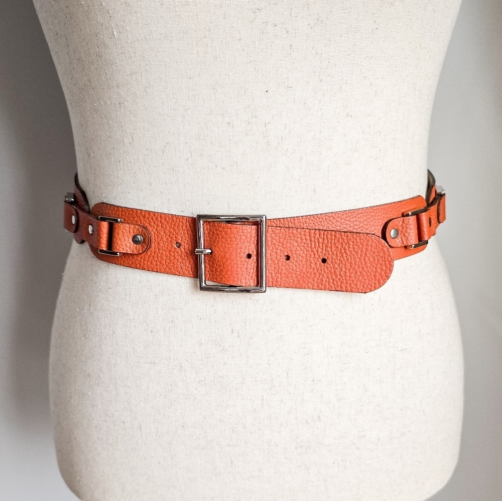 BCBGMaxAzria,‎ Cognac Brown Pebble Leather Buckle Statement Belt, Size Small
